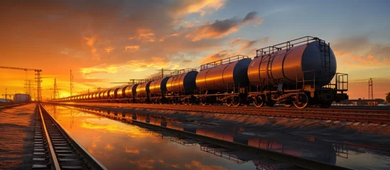 Deurstickers Transportation tank cars with oil during sunset Railway containers Freight railway wagons Railway tank. Creative Banner. Copyspace image © HN Works
