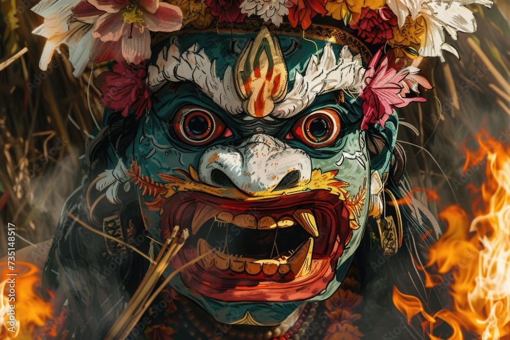 Aufkleber a close-up image of a mask with a fiery background. this picture can be used to depict mystery, dang