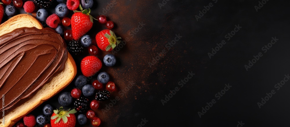 Aufkleber wheat bread with some chocolate spread garnished with various fresh berries overhead shot. creative 