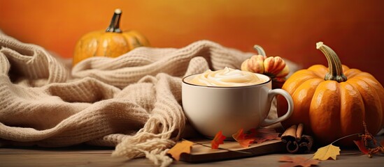 Pumpkin spice latte or milkshake traditional autumn hot drink with anise cinnamon caramel topping on warm colored background with small decorative pumpkins and cozy sweater. Creative Banner