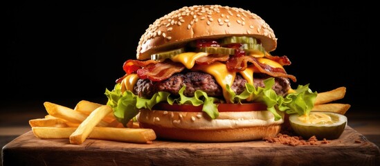 Wooden hamburger bacon fries cheeseburger. Creative Banner. Copyspace image