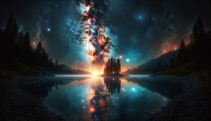 Fototapeta na wymiar Celestial Serenade- Milky Way over Tranquil Lake