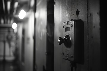 A black and white photo of a phone mounted on a wall. Suitable for use in vintage or retro designs