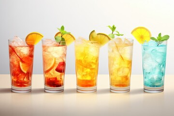 Colorful summer cocktail collection with fruits and ice cubes
