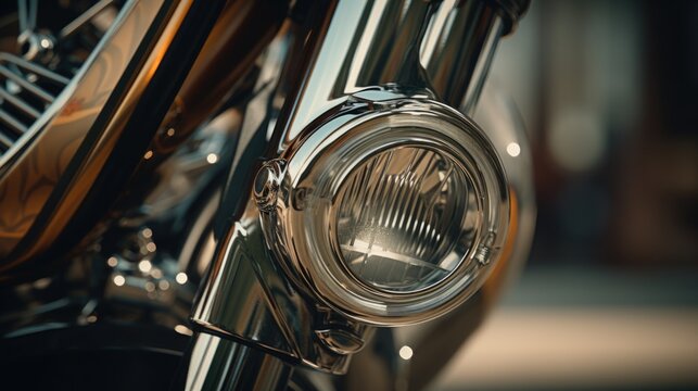 A detailed close-up of a motorcycle's headlight. Perfect for automotive enthusiasts or as a background image for motorcycle-related websites or publications