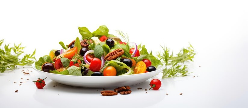 On a white plate fresh vegetable salad with cherry tomatoes red peppers olives walnuts raisins green salad leaves. Creative Banner. Copyspace image