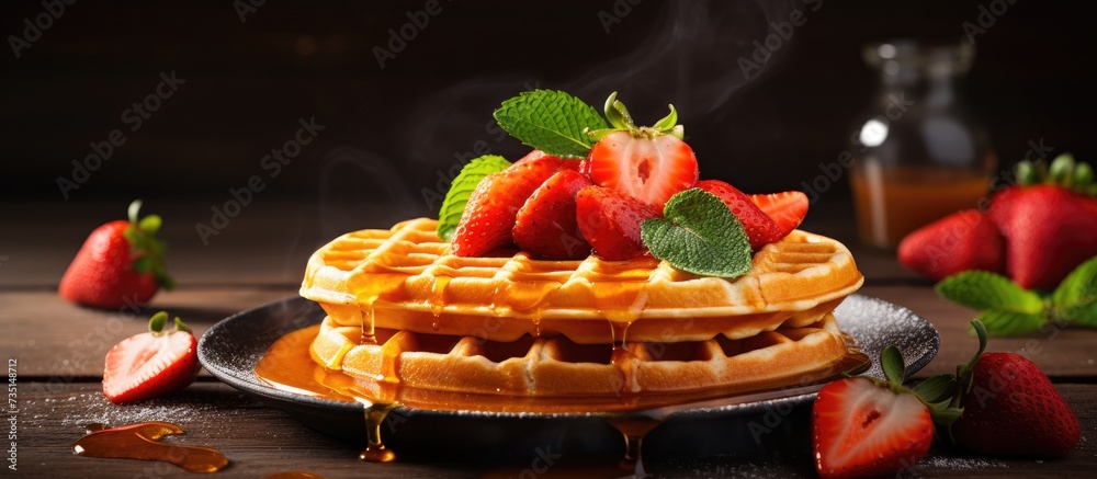 Poster preparation of delicious and nutritious waffles with honey strawberries and orange juice. creative b