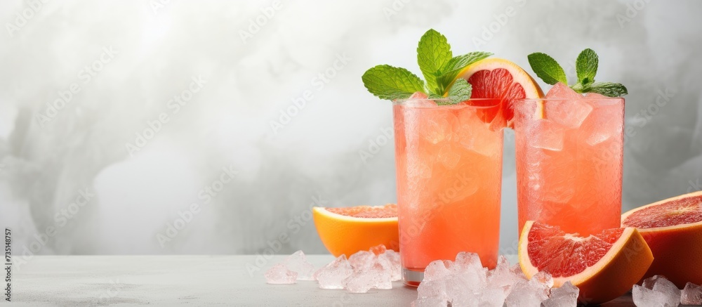 Aufkleber preparation of a grapefruit alcohol free cocktail several tumbler glasses with ice cubes on marble s