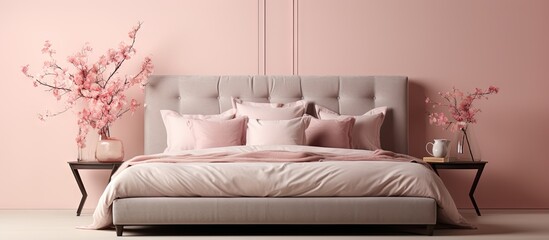 Pink pillow on grey sofa in spacious apartment with gold curtain and pink coverlet on king size bed. Creative Banner. Copyspace image