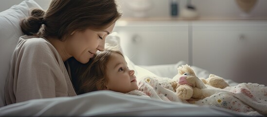 Smiling mother hugging daughter with soft toy on bed in clinic. Creative Banner. Copyspace image