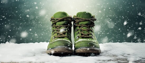 two winter boots made of green rubber and spotted fabric stand in grass and white snow on a winter street. Creative Banner. Copyspace image