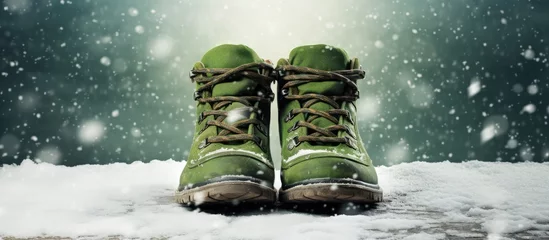 Tuinposter two winter boots made of green rubber and spotted fabric stand in grass and white snow on a winter street. Creative Banner. Copyspace image © HN Works