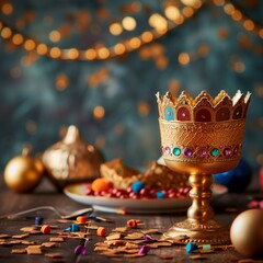 a wine glass with a crown on it. a party decoration with cookies. new Year's Eve celebration. glasses of champagne. copy space