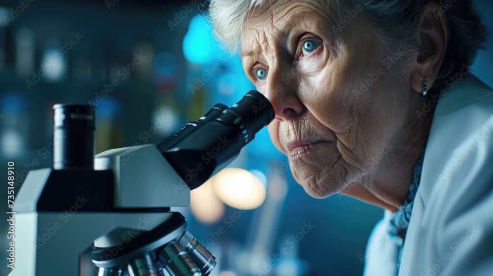 Poster a woman looking through a microscope, examining something closely. this image can be used in scienti