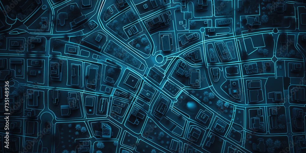 Poster a detailed map of a city illuminated by blue lights. perfect for urban planning projects and city na