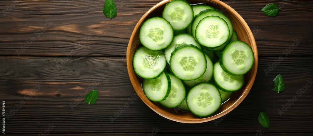 Poster sliced fresh green cucumber in the bowl top view. creative banner. copyspace image