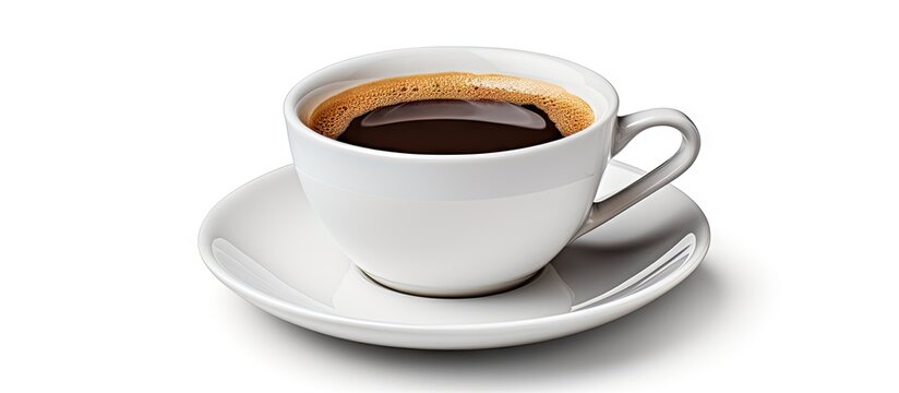 White cup of black coffee isolated on white background with clipping path. Creative Banner. Copyspace image