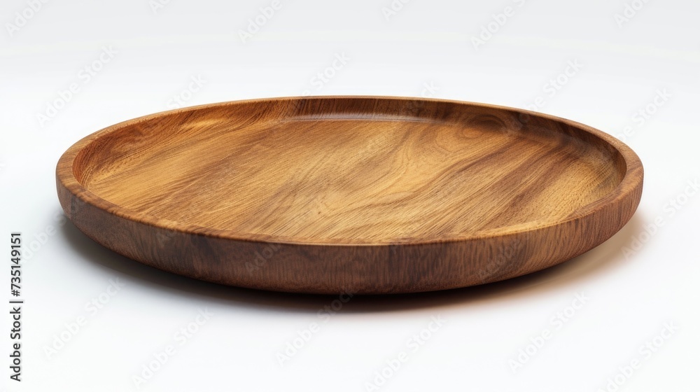 Poster a detailed view of a wooden plate resting on a clean white surface. this versatile image can be used