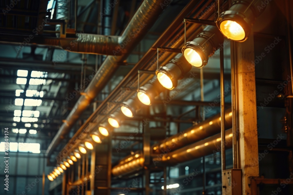 Poster A row of lights hanging from the ceiling of a building. Can be used to add ambiance and illumination to any indoor space