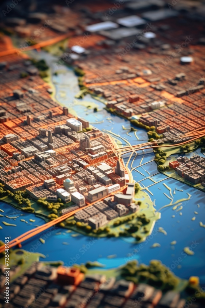 Poster a detailed model of a city displayed on a table. perfect for urban planning projects or architectura