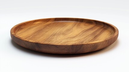 A detailed view of a wooden plate resting on a clean white surface. This versatile image can be used in a variety of settings