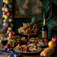 Obraz na płótnie Canvas still life with fruits, vegetables, and wine. Copy Space.