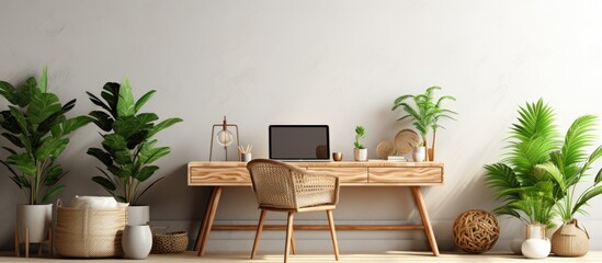 Stylish and boho home interior of open work space with wooden desk chair lamp laptop and white...
