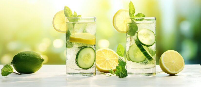 Summer refreshing drinks lemon cucumber mint infused water Selective focus space for text. Creative Banner. Copyspace image