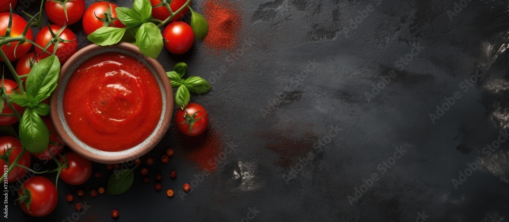 Aufkleber tomato ketchup sauce in a bowl with spices herbs and cherry tomatoes view from above. creative banne