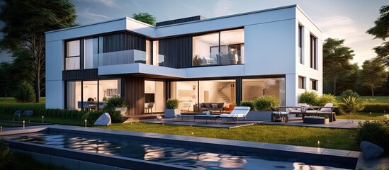 Modern House Exterior Beautiful New Contemporary House with Solar Panels Solar Energy Solar Water Heater Skylights Outdoor. Creative Banner. Copyspace image