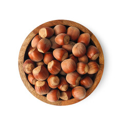 Hazelnuts in shell in wooden bowl isolated on white background top view