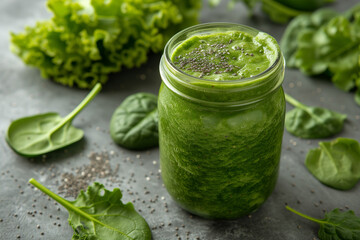 Fresh green smoothie in a jar with ingredients on a grey background