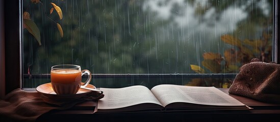 Open book and cup of coffee in front of rainy window. Creative Banner. Copyspace image - obrazy, fototapety, plakaty