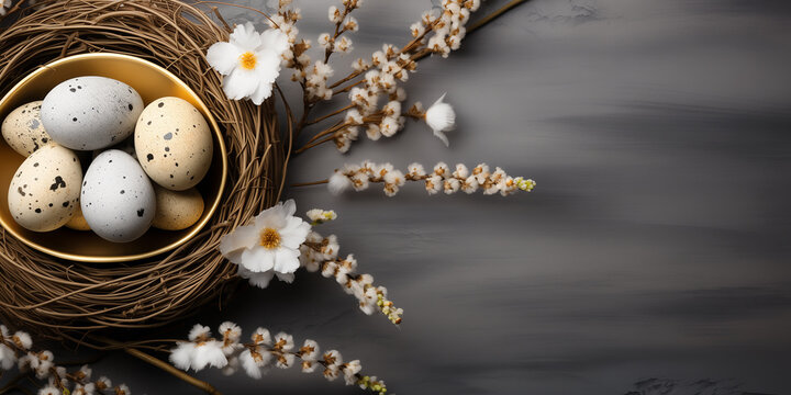 Happy easter holiday background. Eggs and spring flowers. Ai