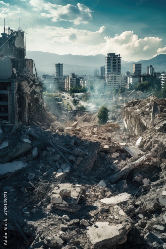 Poster A city in the background with a large pile of rubble in the foreground. Suitable for depicting urban destruction and post-apocalyptic scenarios