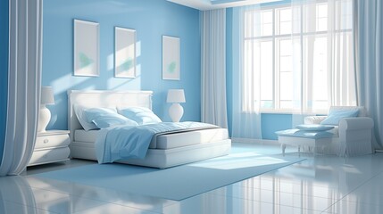 Light blue contemporary or classic style bedroom on sunny day with bed, pillows, blanket, curtains, lamps and pictures