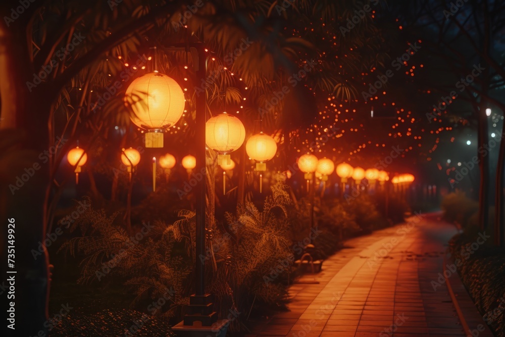 Aufkleber A pathway lined with lots of lights next to trees. Perfect for adding a touch of magic to any project