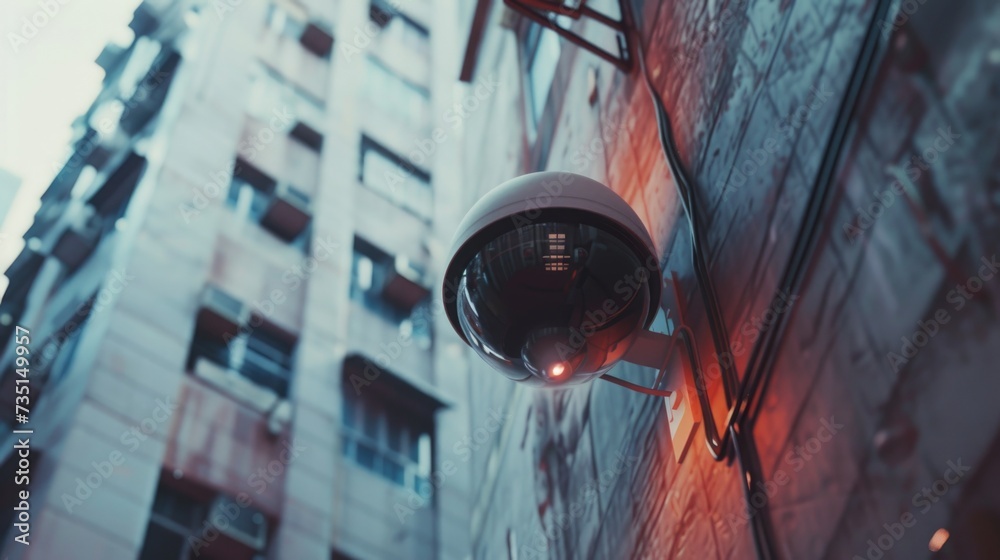 Poster A security camera mounted on the side of a building. Can be used to monitor and enhance security measures