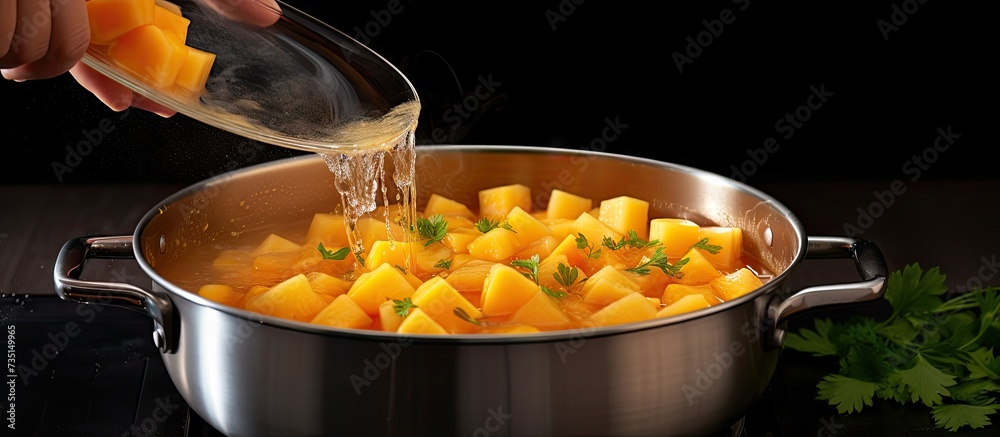 Aufkleber Step by step preparation soup with pumpkin and vegetables step adding chopped potatoes to the broth. Creative Banner. Copyspace image