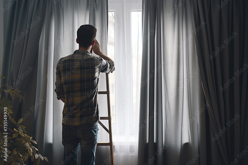 Aufkleber A man is standing in front of a window with a ladder. This image can be used to depict concepts such as home improvement, maintenance, or window cleaning