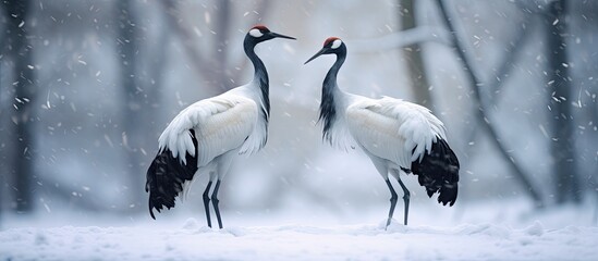 Naklejka premium Snow crane dance in nature Wildlife scene from snowy nature Cold winter Snowfall two Red crowned crane in snow meadow with snow storm Hokkaido Japan Crane pair winter scene with snowflakes