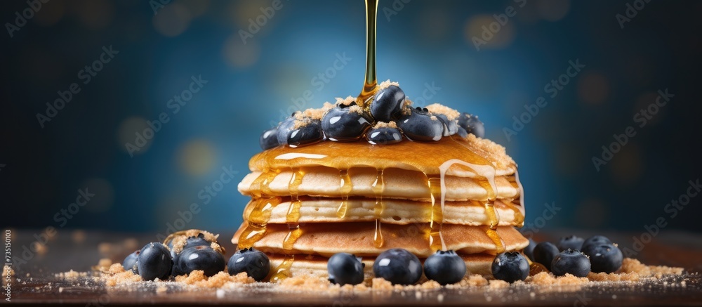 Canvas Prints pouring honey on stack of pancakes homemade oat pancakes with blueberries. creative banner. copyspac