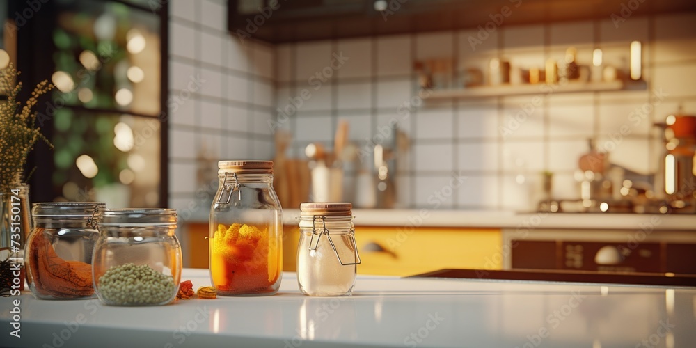 Poster A kitchen counter with jars filled with various types of food. This image can be used to showcase a well-stocked pantry or for food-related articles and blog posts