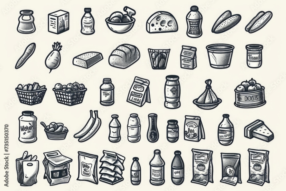 Poster a collection of various food items displayed on a table. suitable for food-themed designs and culina