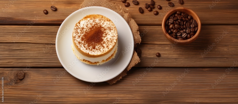 Poster tiramisu dessert and coffee on wooden table top view with copy space. creative banner. copyspace ima