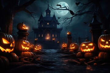 A group of carved pumpkins sitting in front of a castle. Perfect for Halloween decorations and spooky-themed events