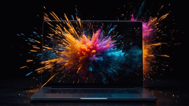 laptop screen with colorful explosion, future device technology innovation, tech concept