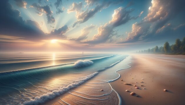 Whispering Waves- Serene Beach at Dawn