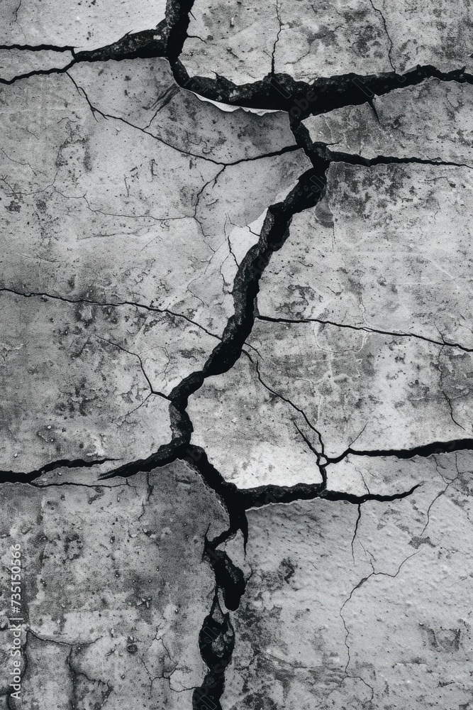 Poster a black and white photo capturing the texture and details of a cracked wall. this versatile image ca