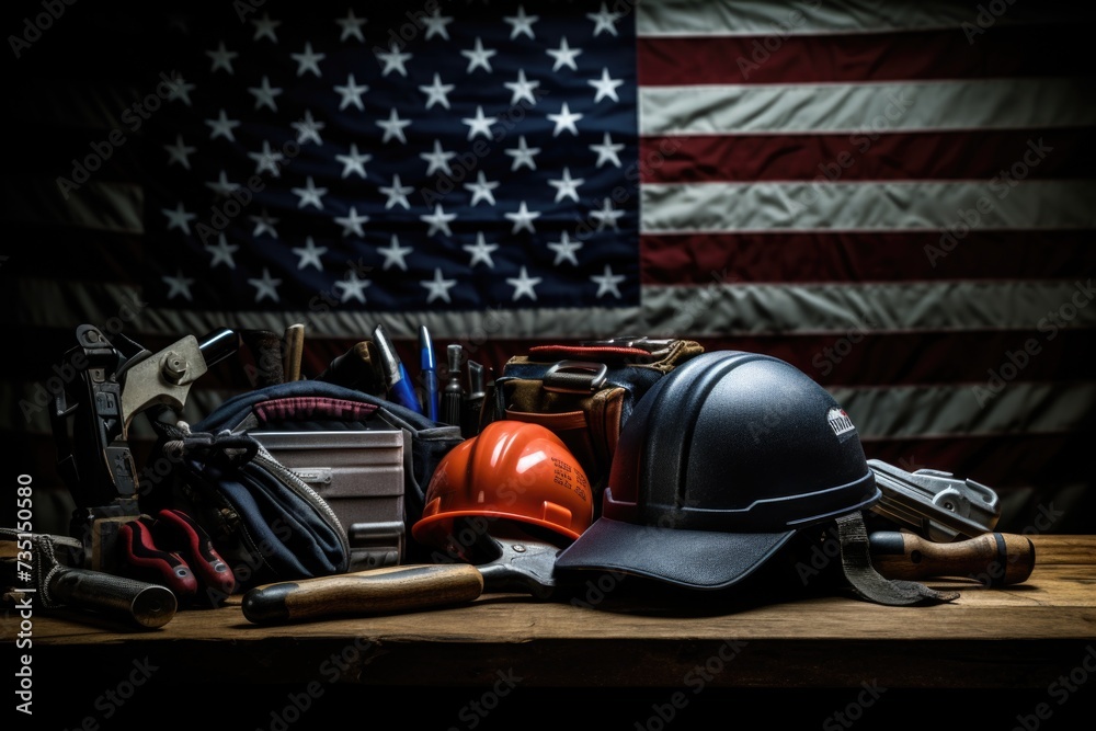 Poster Tools including a helmet and wrenches are arranged on a table. This image can be used to represent the concept of DIY projects, construction, or repairs